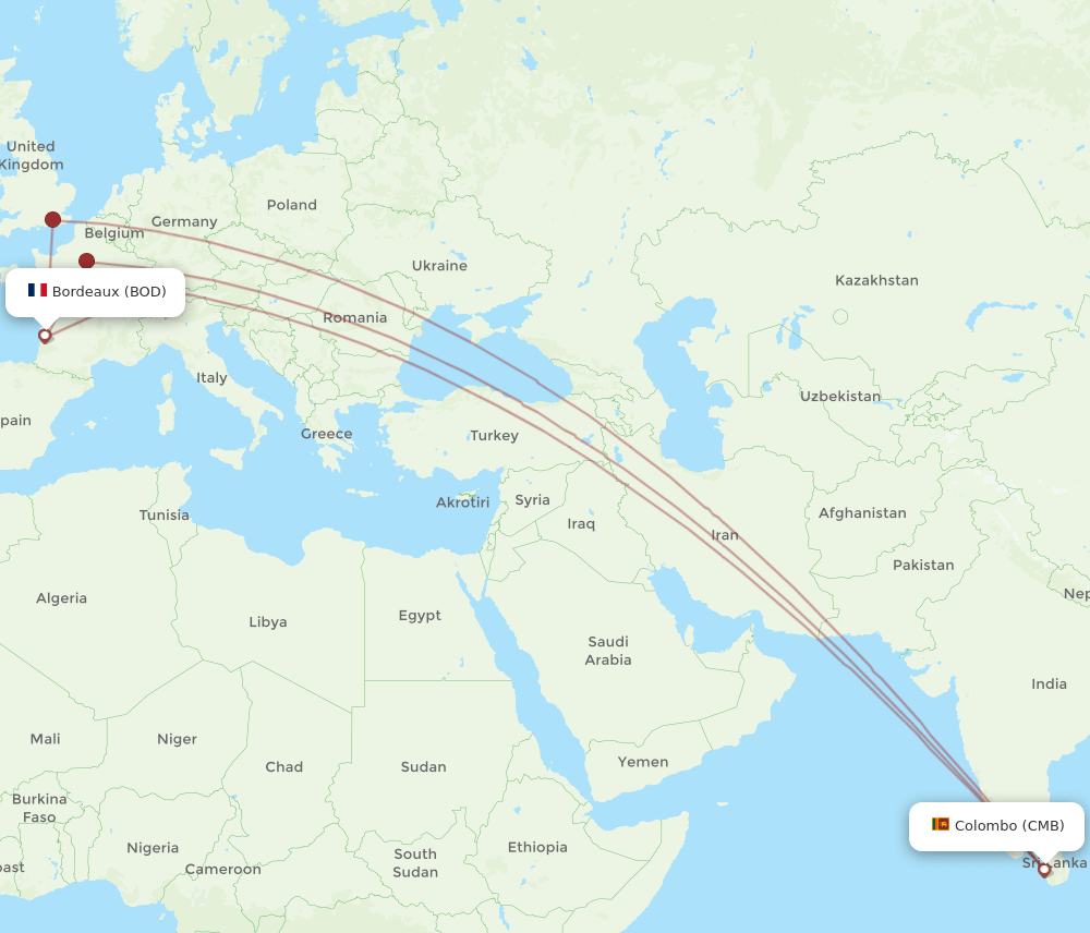 BOD to CMB flights and routes map