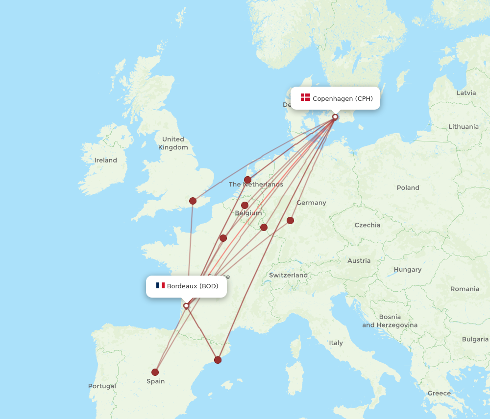 BOD to CPH flights and routes map