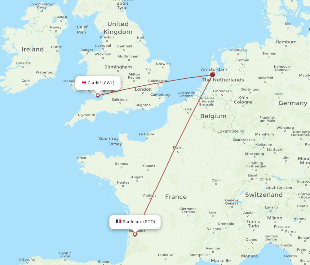 BOD-CWL flight routes