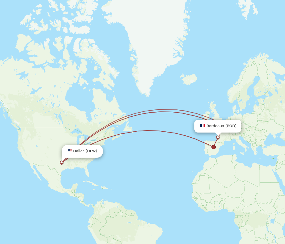 BOD to DFW flights and routes map