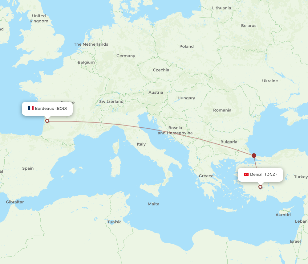 BOD to DNZ flights and routes map