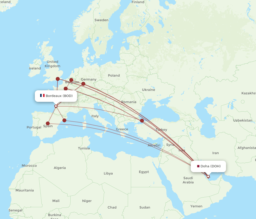 BOD to DOH flights and routes map