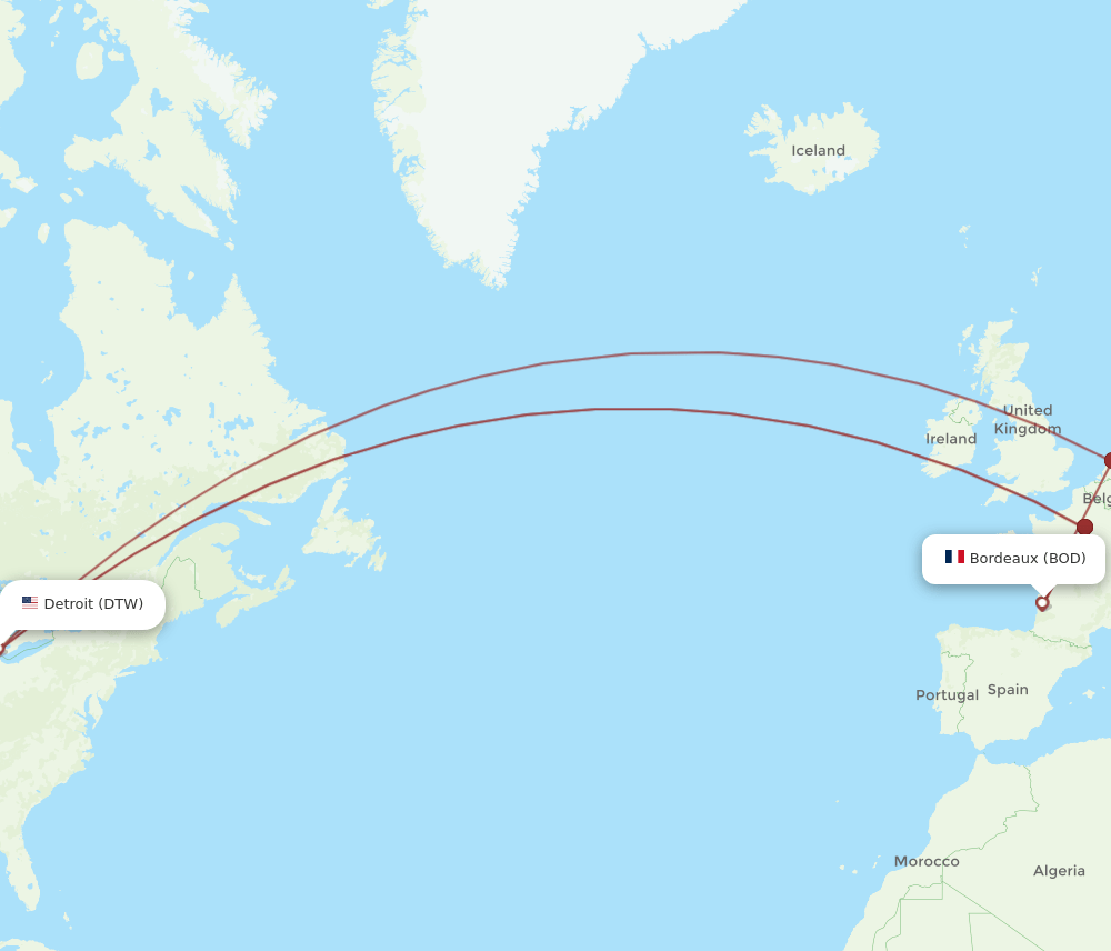 BOD to DTW flights and routes map