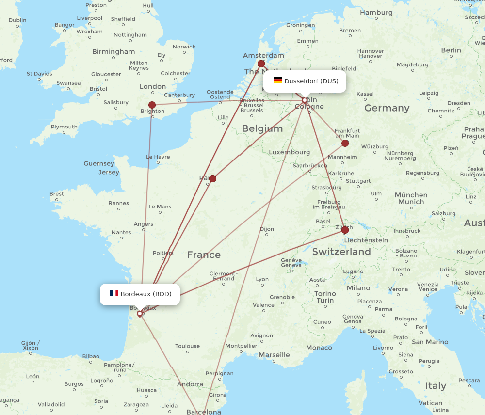 BOD to DUS flights and routes map