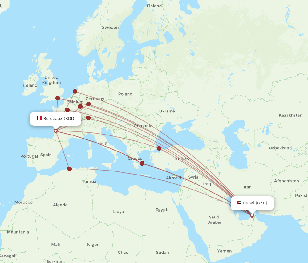 BOD to DXB flights and routes map