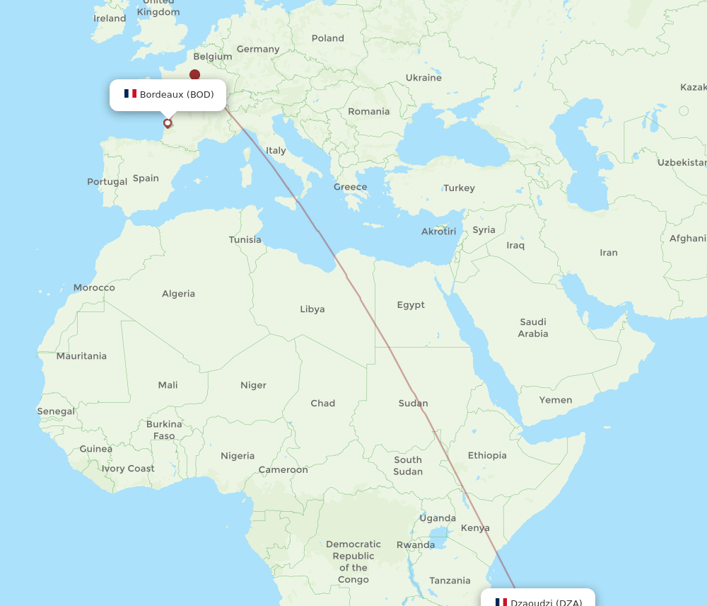 Dzaoudzi - Bordeaux route map and flight paths