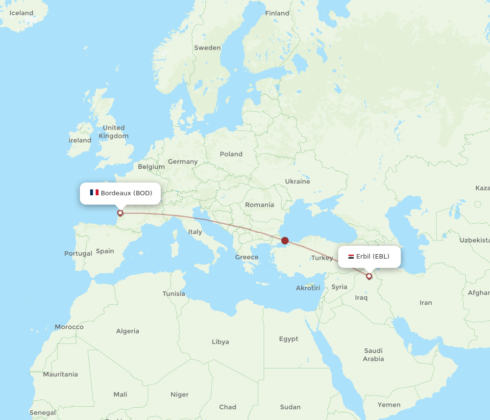BOD to EBL flights and routes map