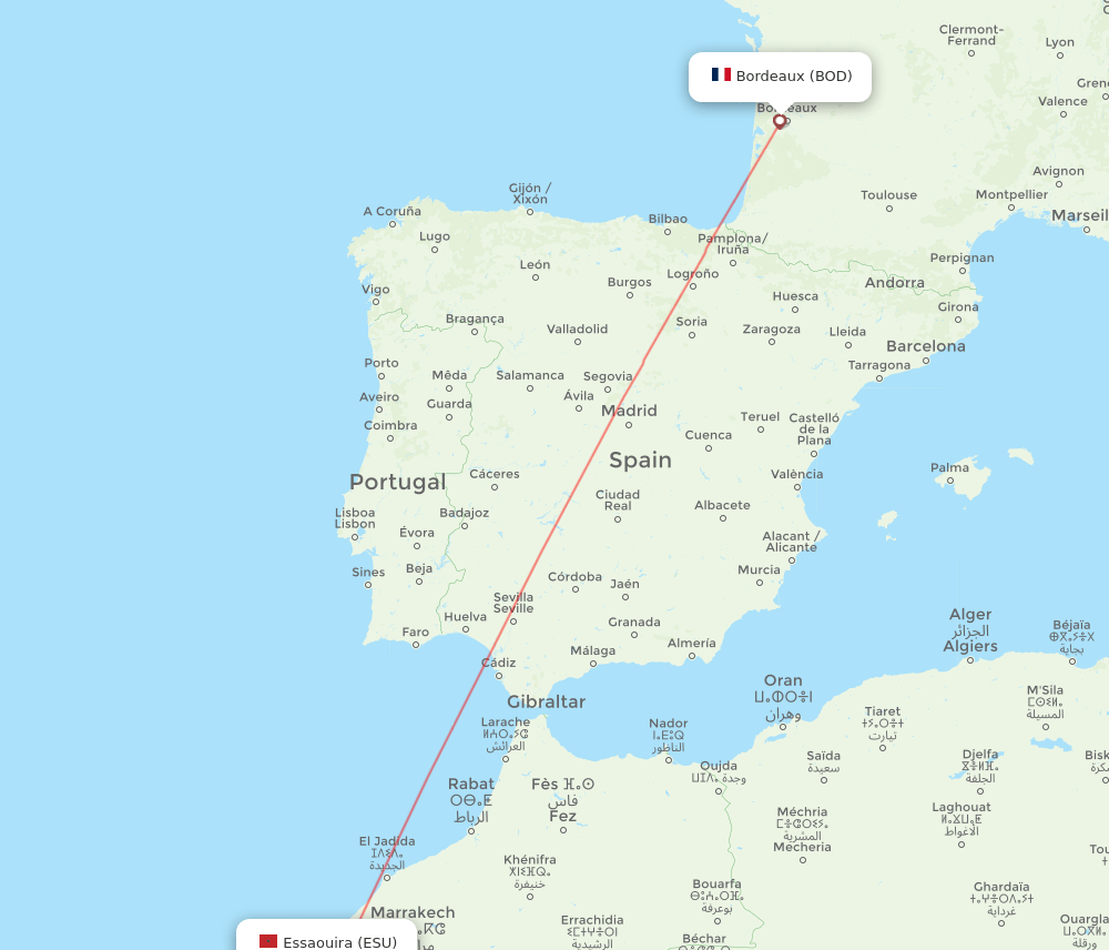 Bordeaux - Essaouira route map and flight paths