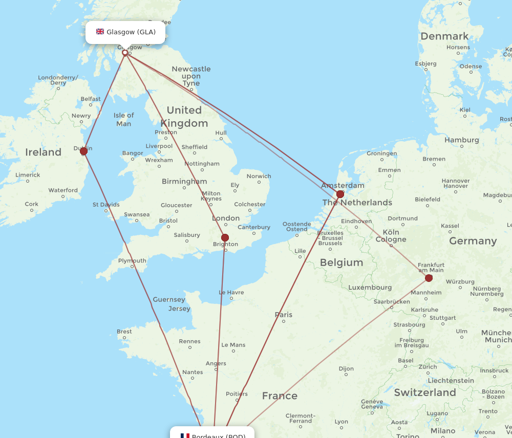 BOD to GLA flights and routes map