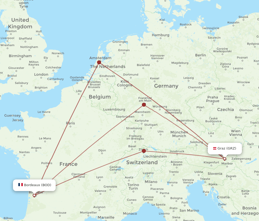 BOD to GRZ flights and routes map