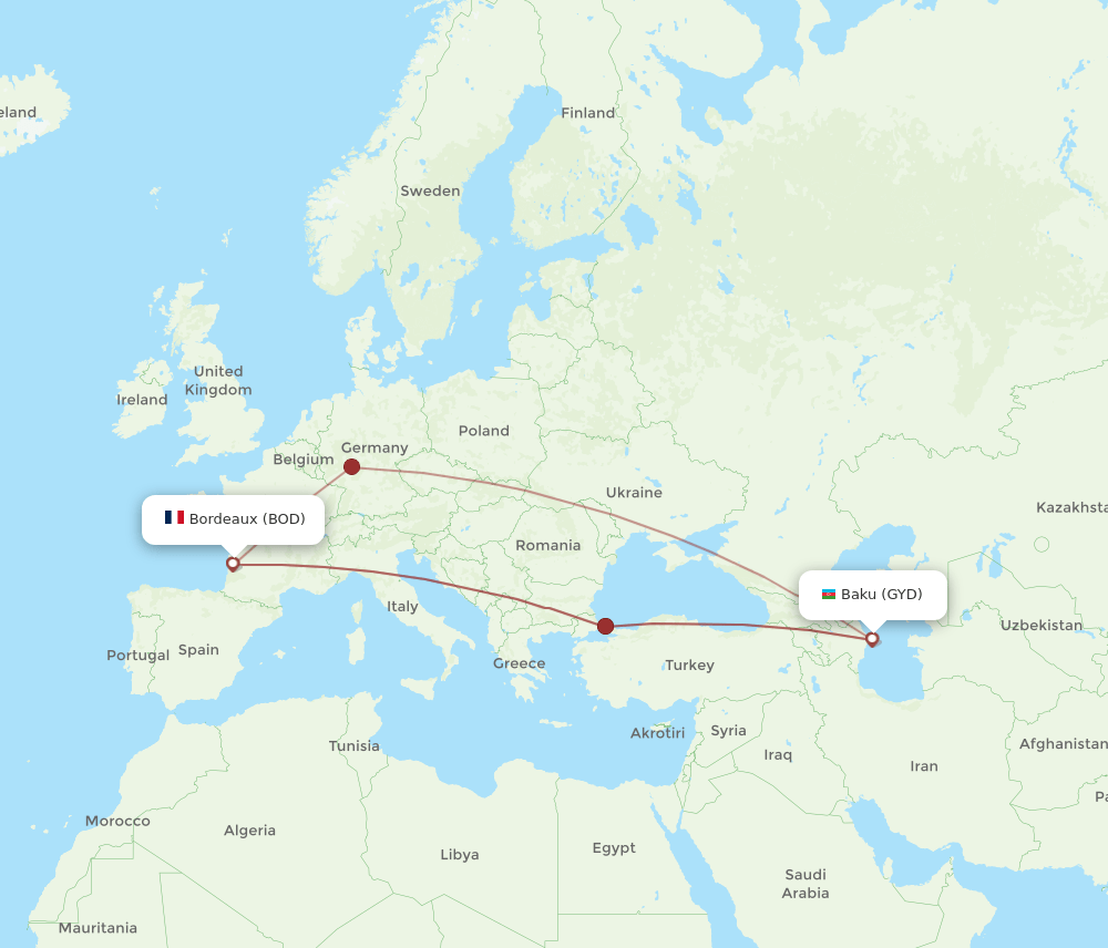 BOD to GYD flights and routes map