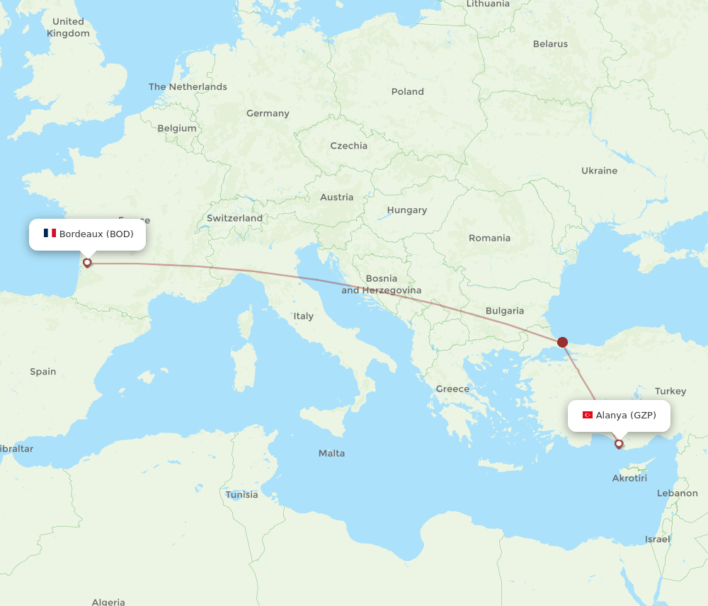 BOD to GZP flights and routes map