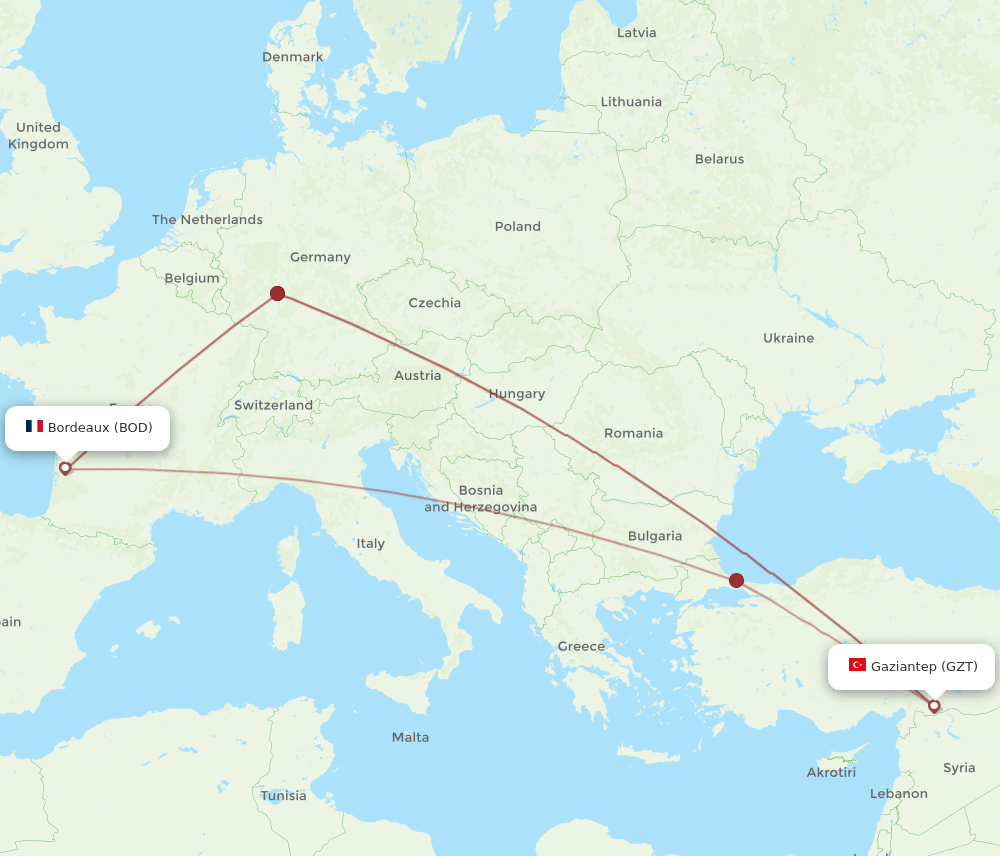 BOD to GZT flights and routes map