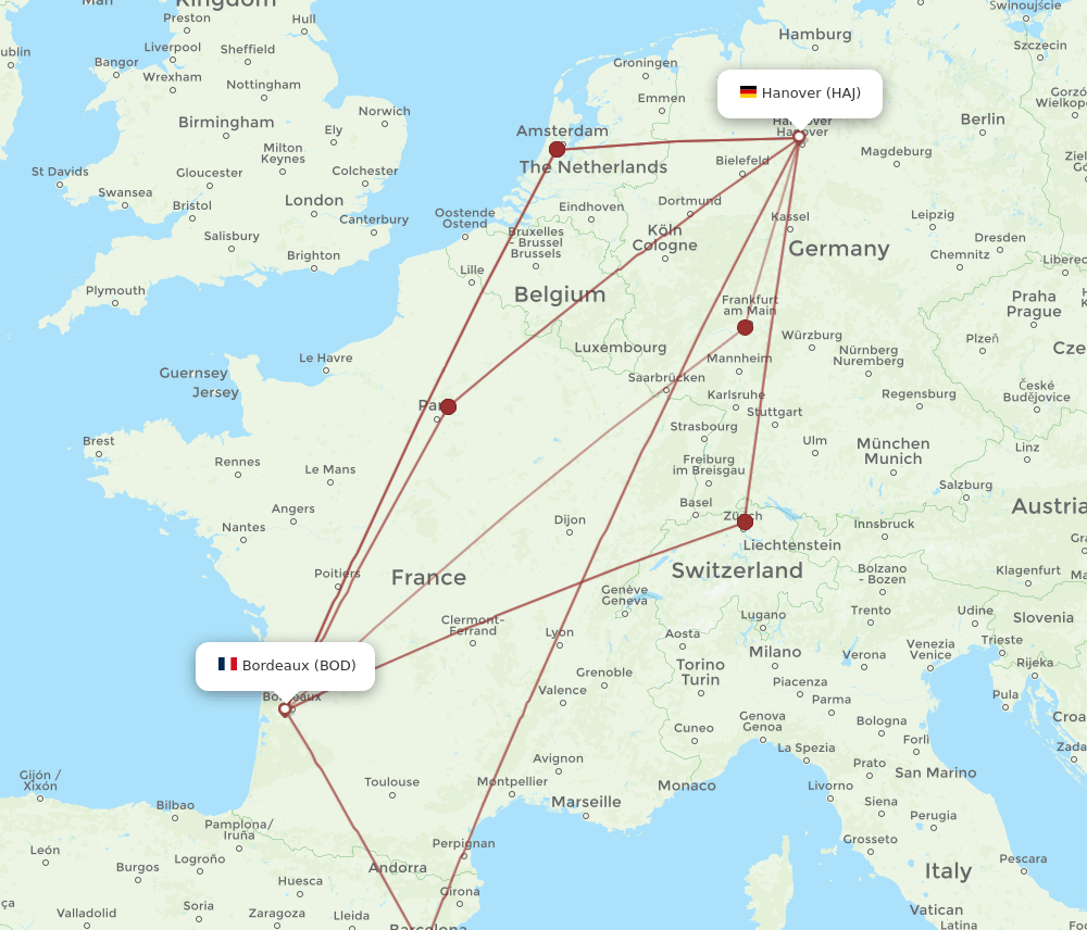 BOD to HAJ flights and routes map