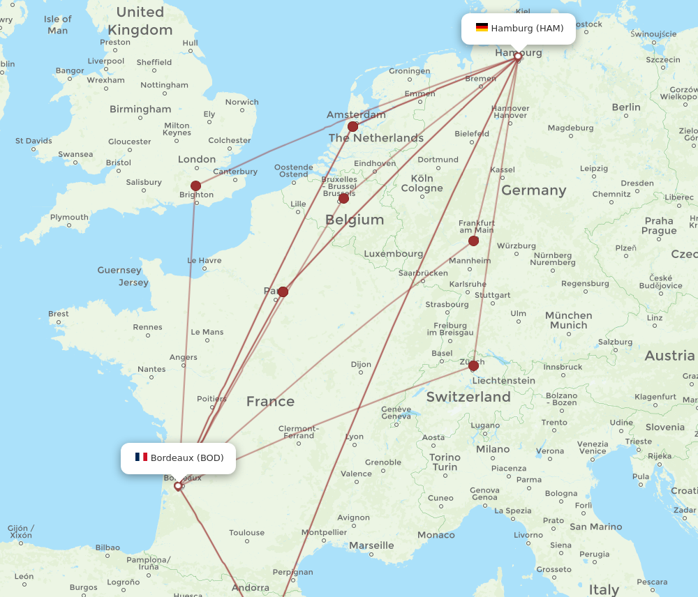 BOD to HAM flights and routes map