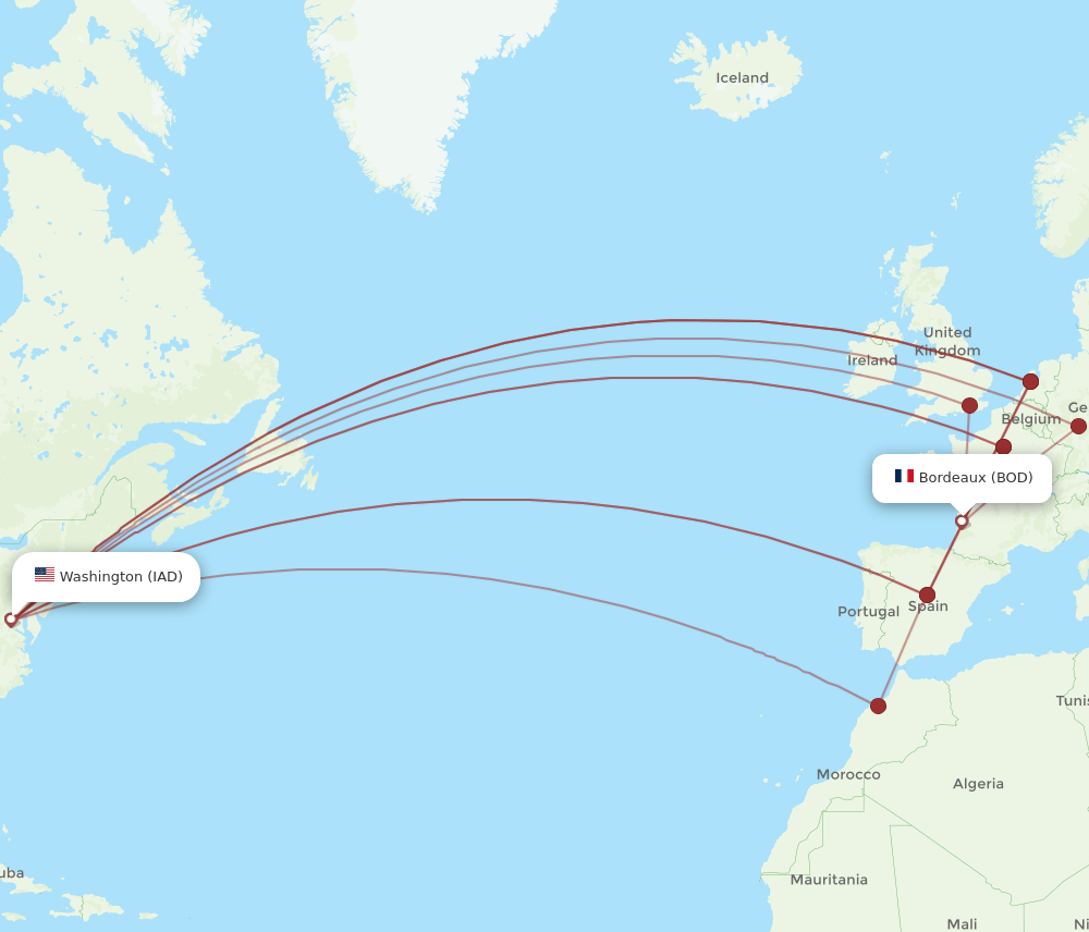 BOD to IAD flights and routes map