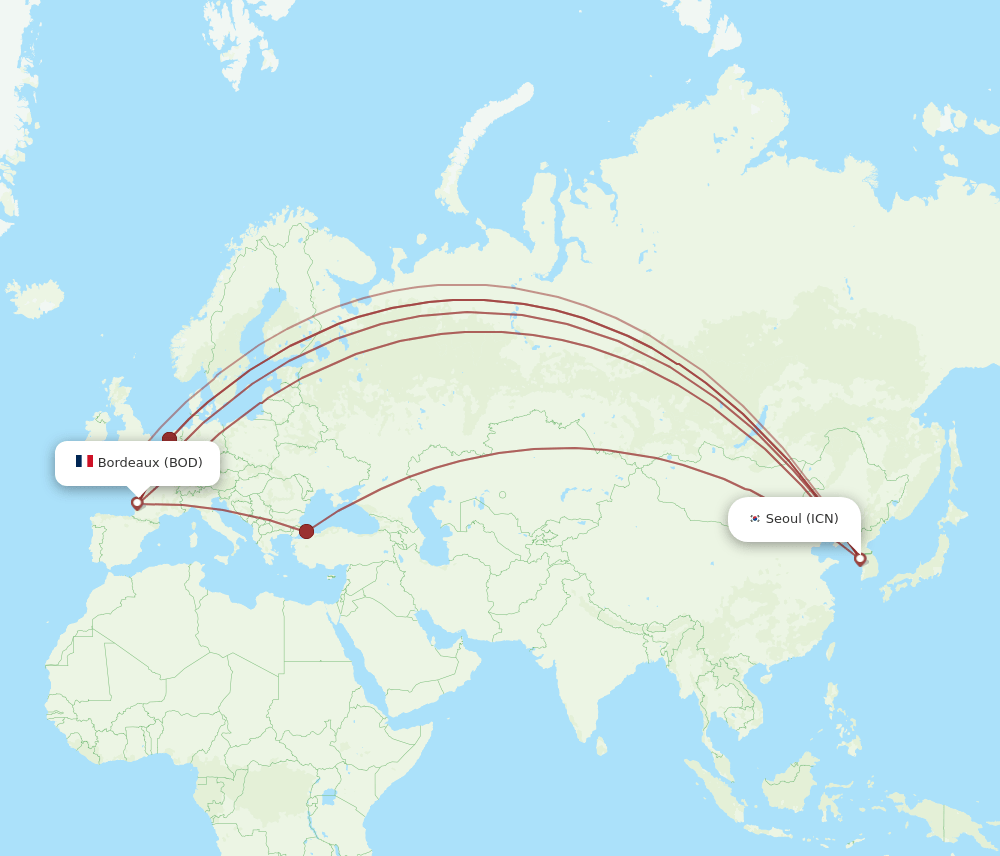 BOD to ICN flights and routes map