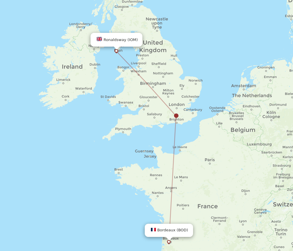 BOD to IOM flights and routes map