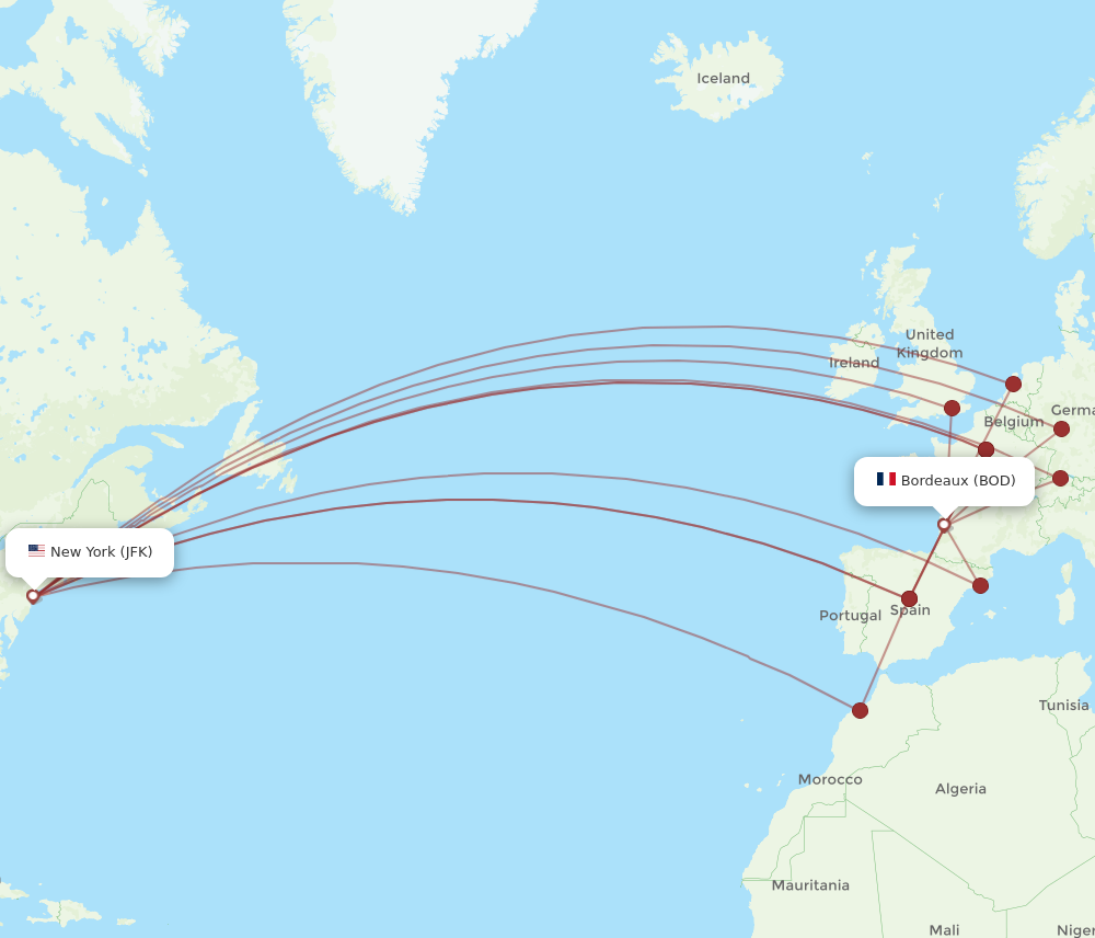 BOD to JFK flights and routes map