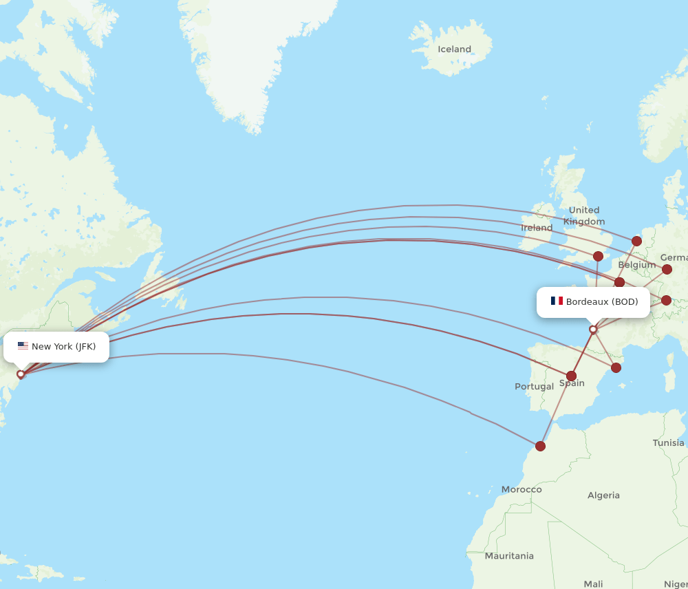 BOD-JFK flight routes