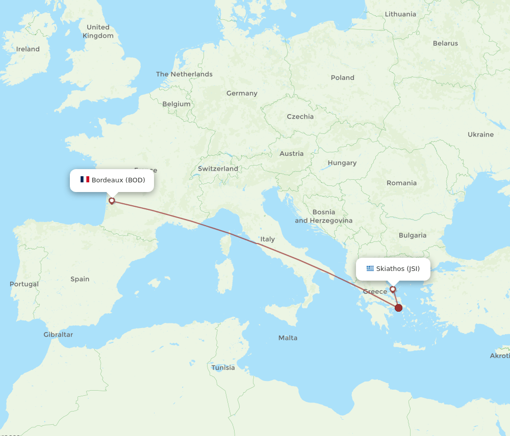 JSI to BOD flights and routes map