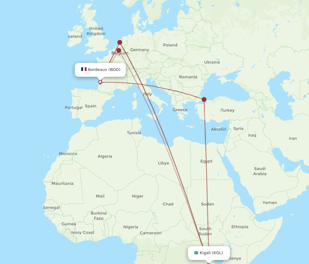 BOD-KGL flight routes
