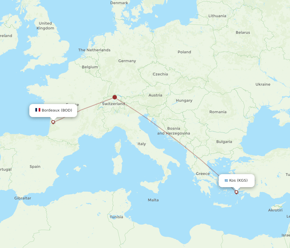 BOD to KGS flights and routes map