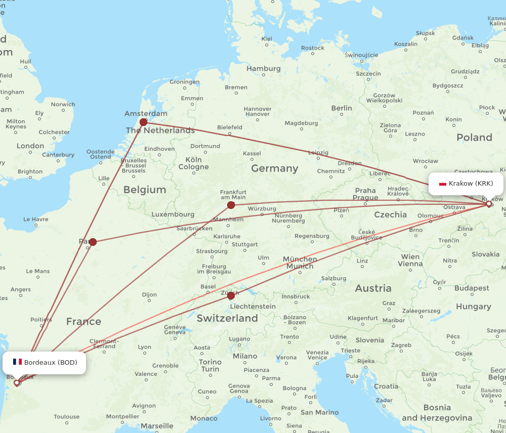 BOD-KRK flight routes