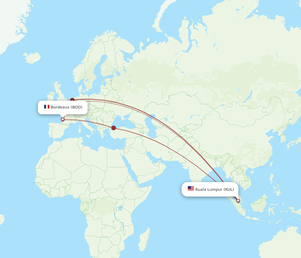 BOD to KUL flights and routes map