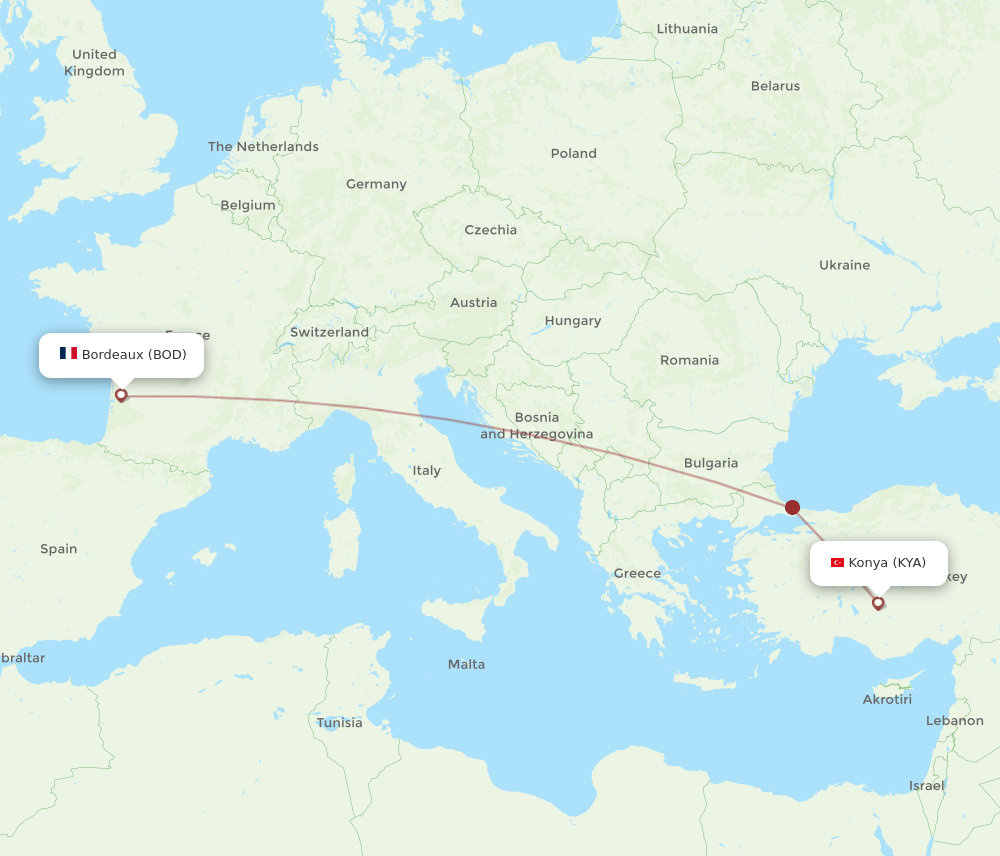 BOD to KYA flights and routes map