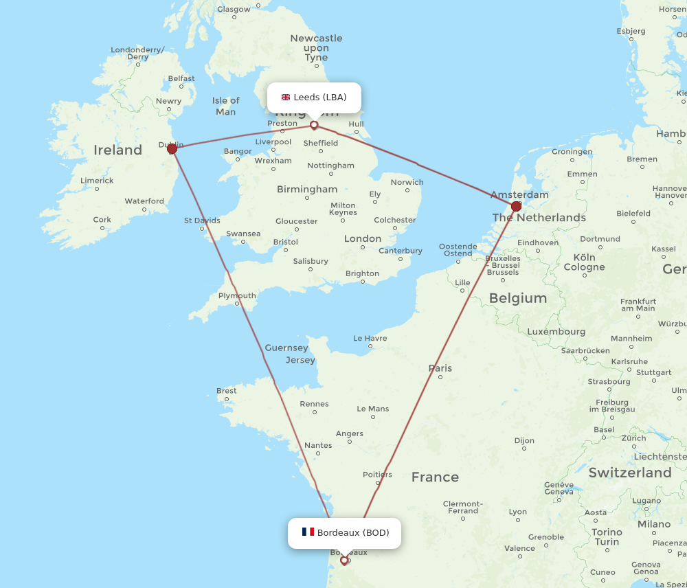 BOD to LBA flights and routes map