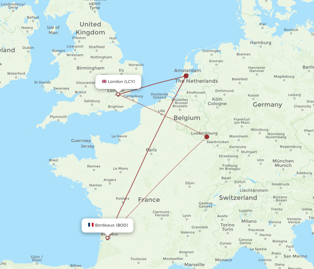BOD to LCY flights and routes map