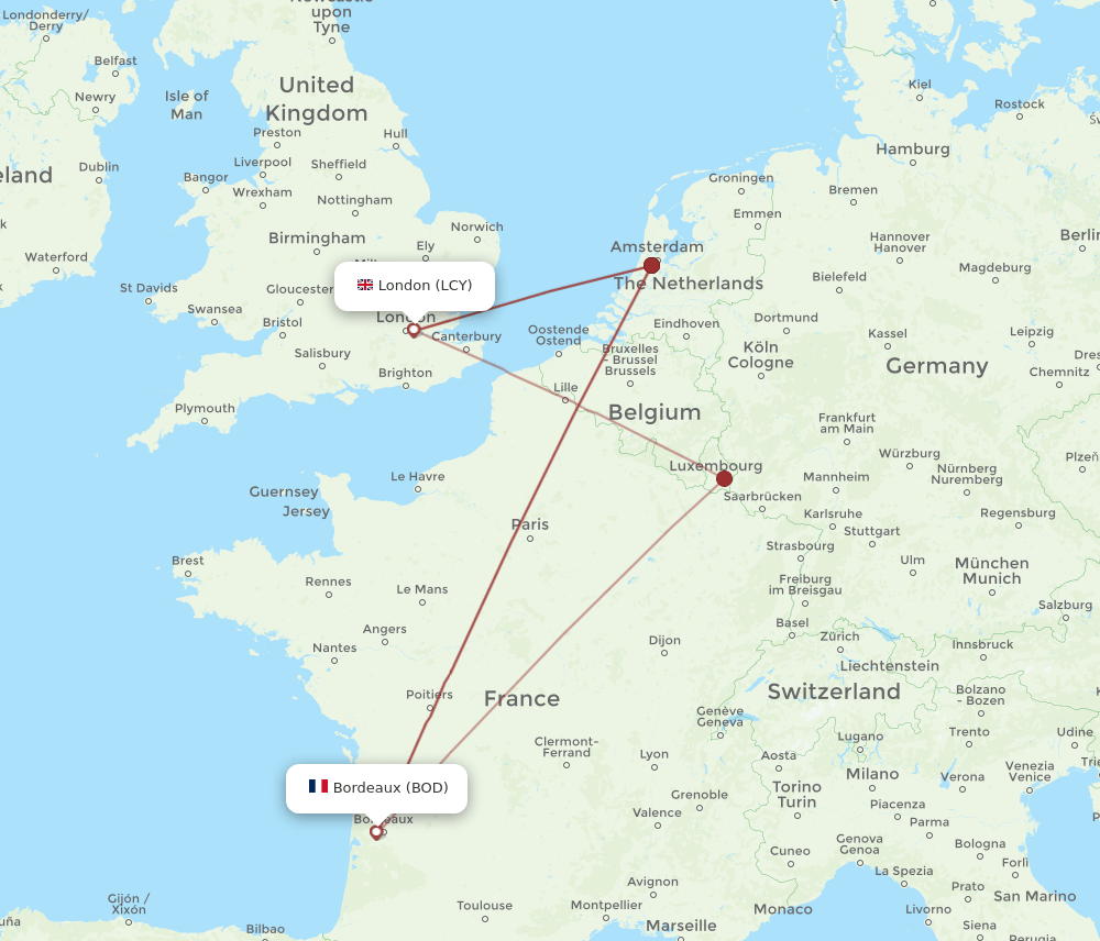 BOD-LCY flight routes