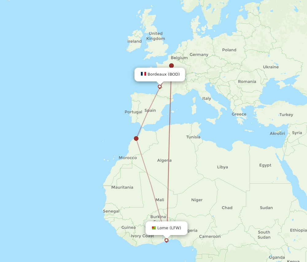 BOD to LFW flights and routes map