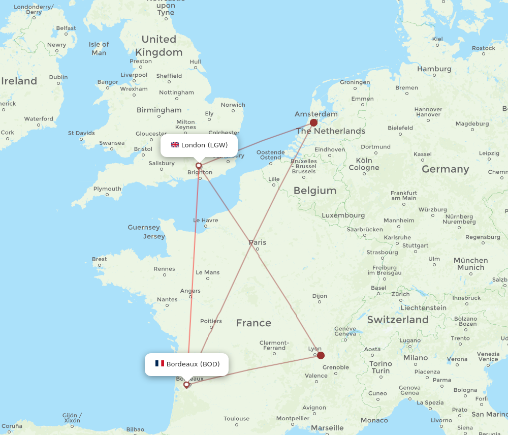 BOD to LGW flights and routes map