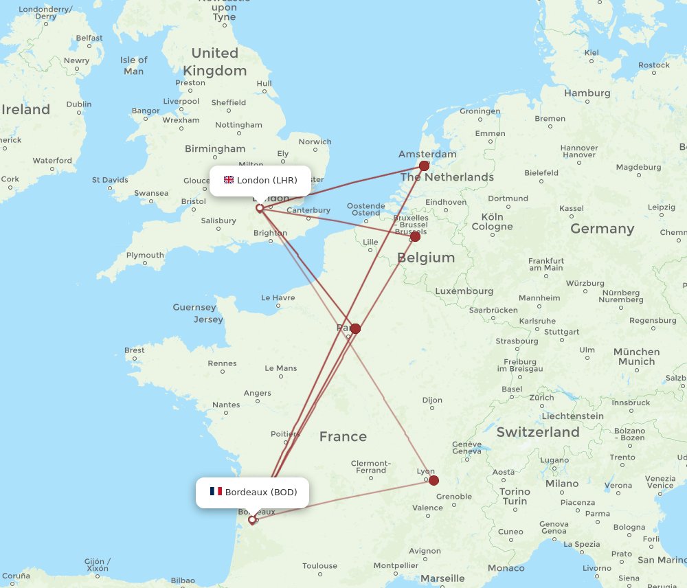 BOD to LHR flights and routes map