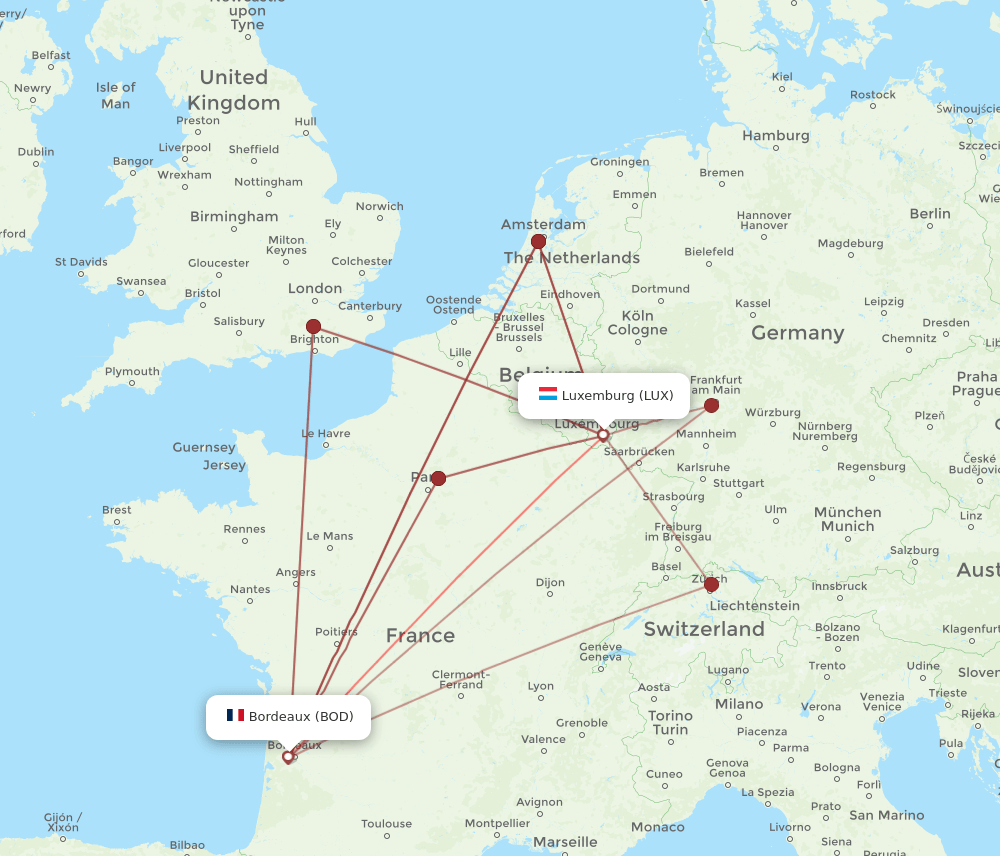 BOD to LUX flights and routes map