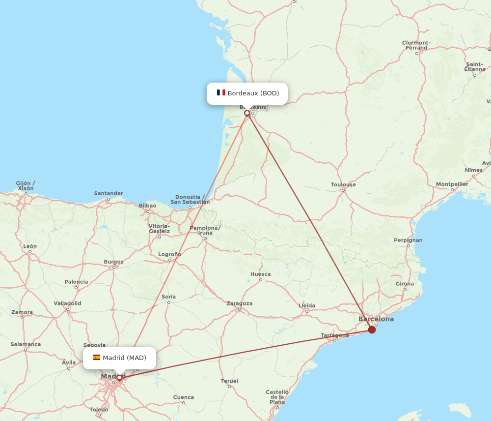 Bordeaux - Madrid route map and flight paths