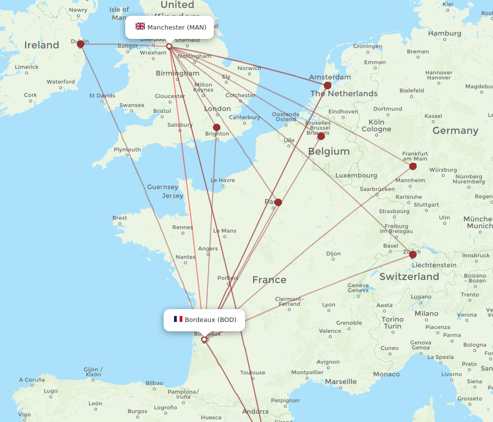 BOD to MAN flights and routes map