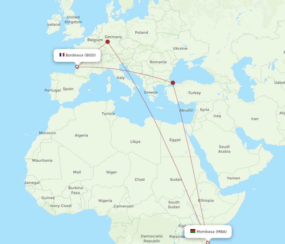 Mombasa - Bordeaux route map and flight paths