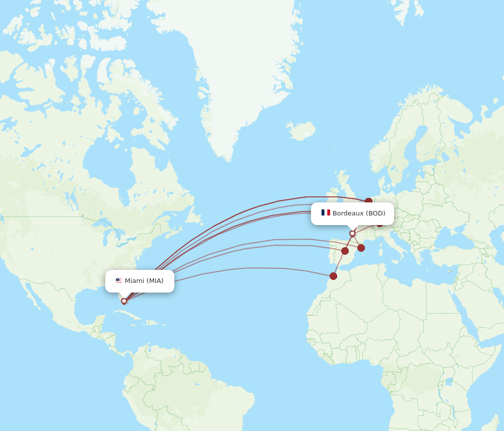 BOD to MIA flights and routes map