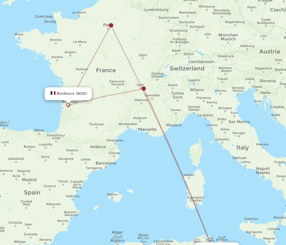 BOD to MIR flights and routes map