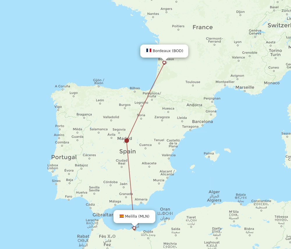 BOD to MLN flights and routes map
