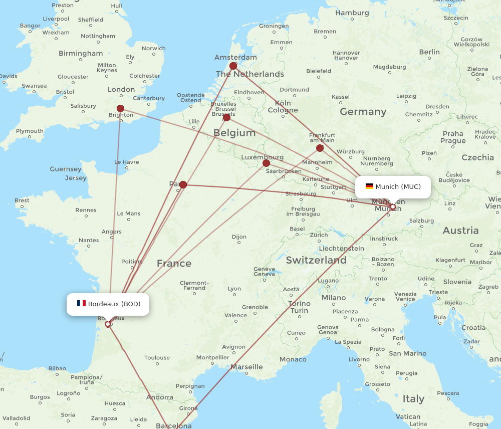 BOD to MUC flights and routes map