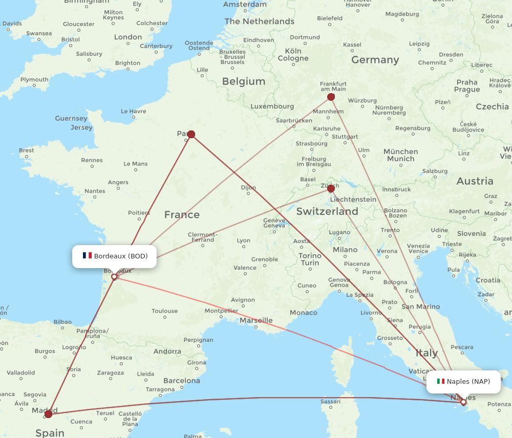 BOD to NAP flights and routes map