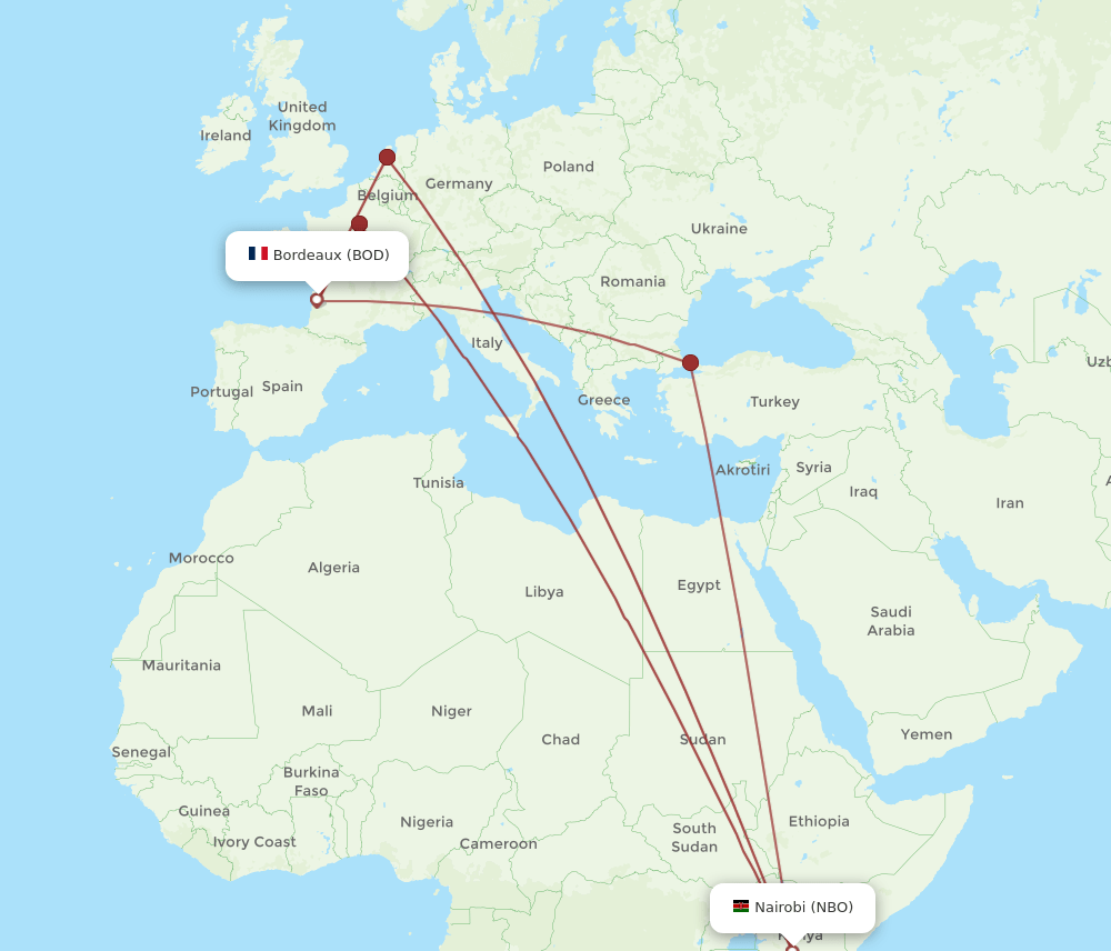 BOD-NBO flight routes