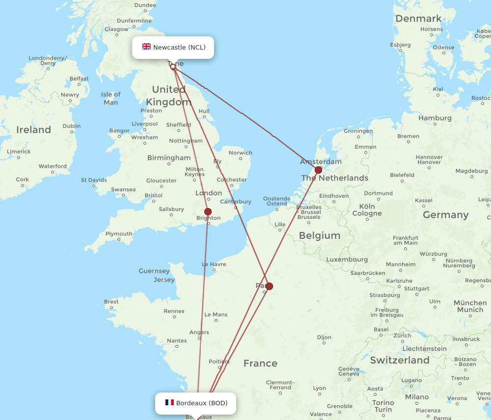 BOD to NCL flights and routes map