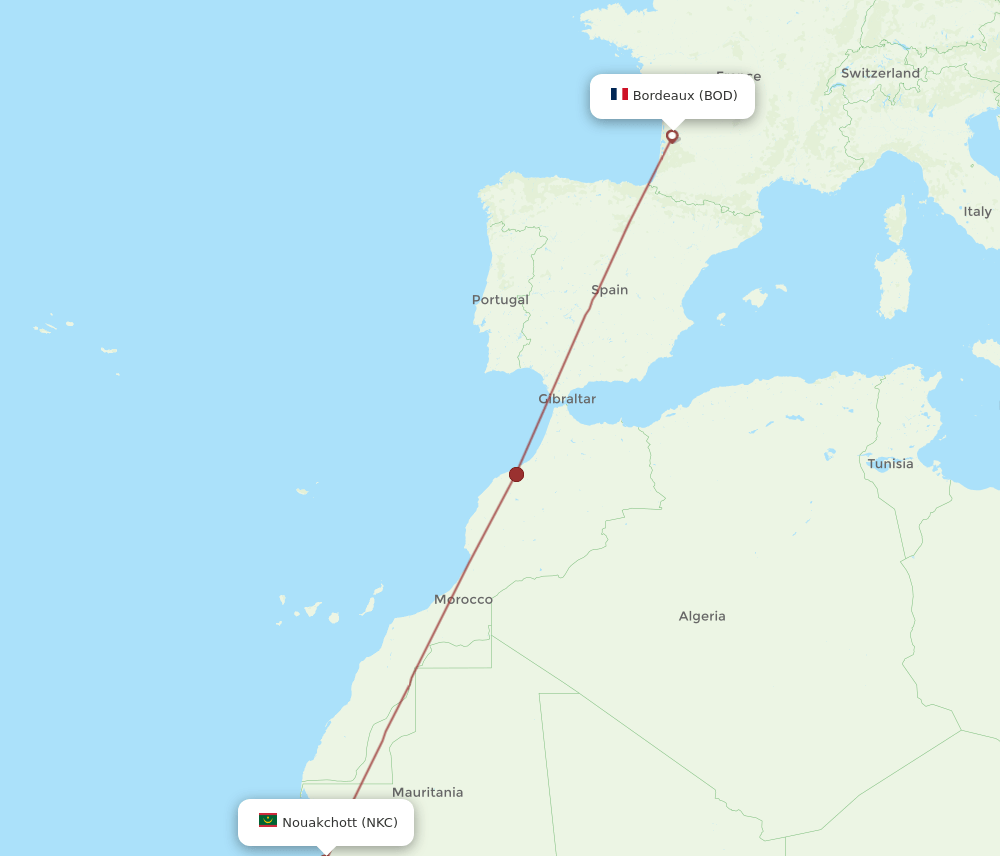 BOD to NKC flights and routes map