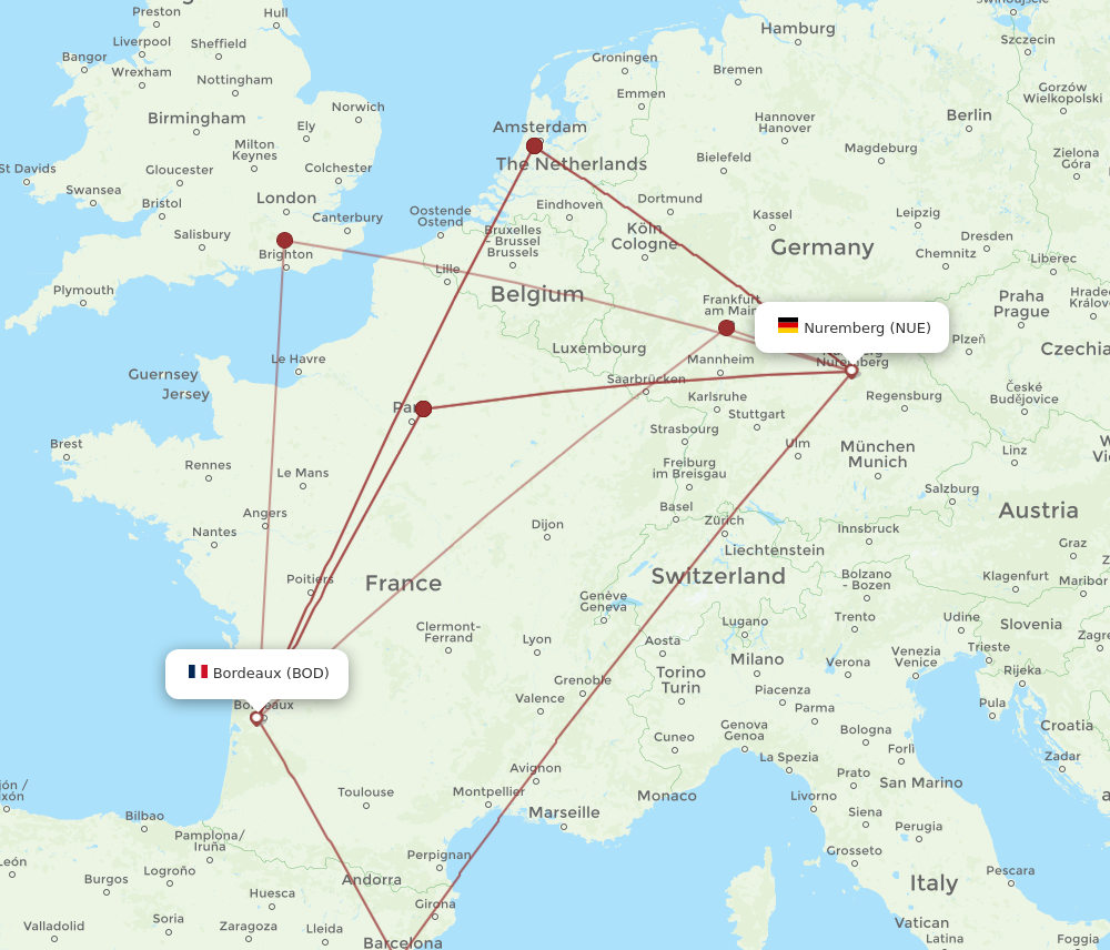 BOD to NUE flights and routes map