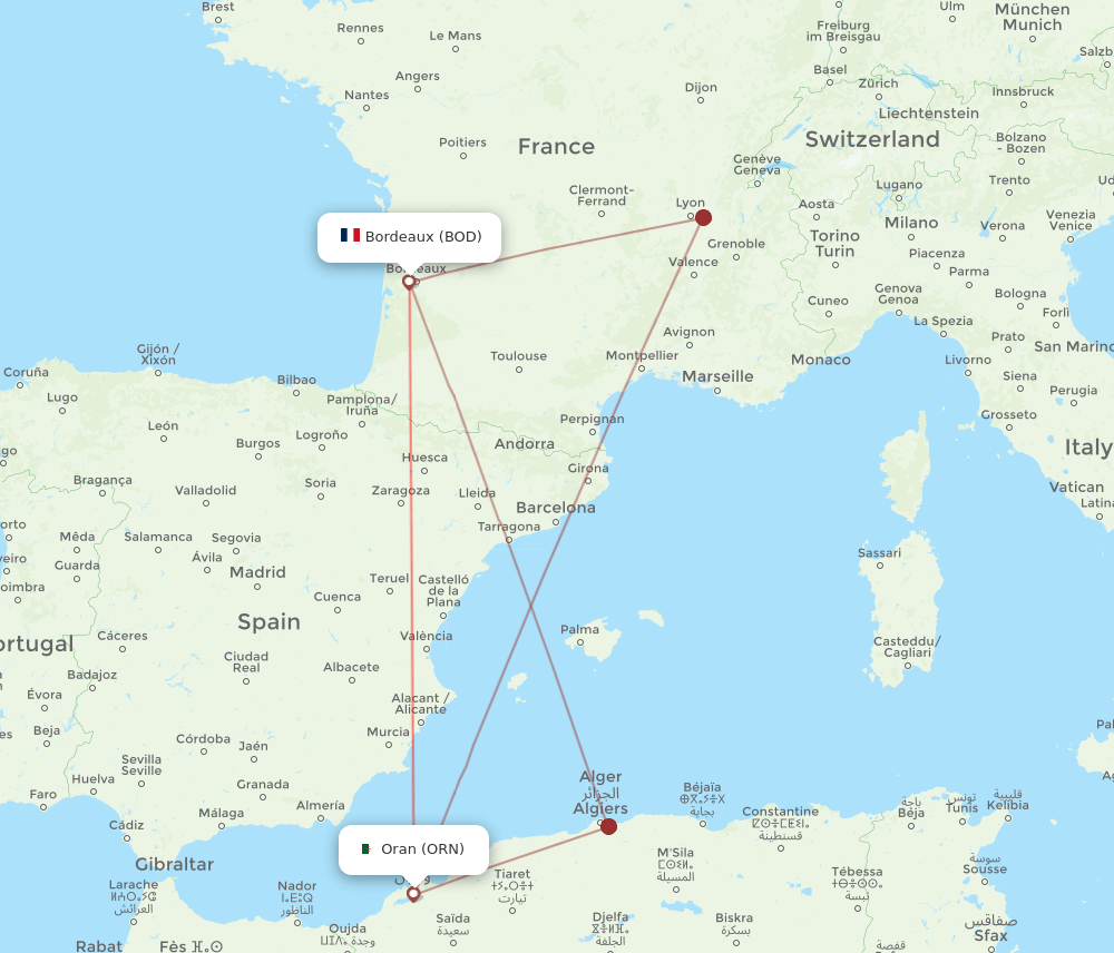 BOD to ORN flights and routes map